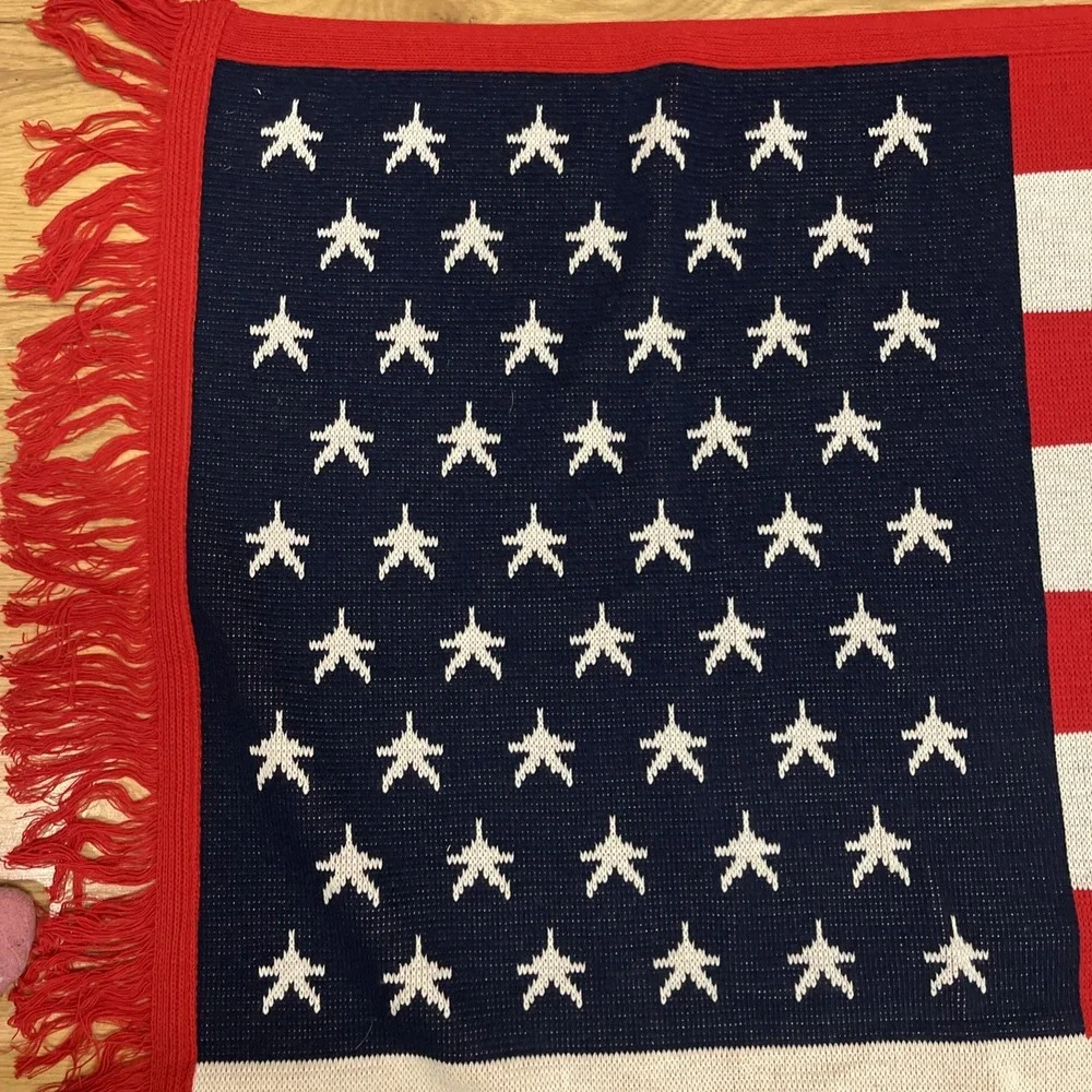Vintage Logo Knits American Flag Throw Blanket Handmade 59 X 50 Yellow Ribbon